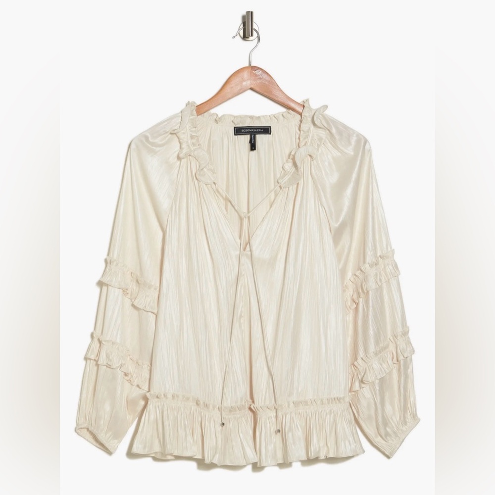 BCBGMAXAZRIA Ruffle Peasant Long Sleeve Blouse
